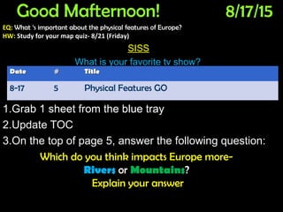 Good Mafternoon! 8/17/15
EQ: What ‘s important about the physical features of Europe?
HW: Study for your map quiz- 8/21 (Friday)
SISS
What is your favorite tv show?
1.Grab 1 sheet from the blue tray
2.Update TOC
3.3.On the top of page 5, answer the following question:On the top of page 5, answer the following question:
Which do you think impacts Europe more-Which do you think impacts Europe more-
RiversRivers oror MountainsMountains??
Explain your answerExplain your answer
DateDate ## TitleTitle
8-17 5 Physical Features GO
 