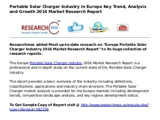 Portable Solar Charger Industry in Europe Key Trend, Analysis
and Growth 2016 Market Research Report
Researchmoz added Most up-to-date research on "Europe Portable Solar
Charger Industry 2016 Market Research Report" to its huge collection of
research reports.
The Europe Portable Solar Charger Industry 2016 Market Research Report is a
professional and in-depth study on the current state of the Portable Solar Charger
industry.
The report provides a basic overview of the industry including definitions,
classifications, applications and industry chain structure. The Portable Solar
Charger market analysis is provided for the Europe markets including development
trends, competitive landscape analysis, and key regions development status.
To Get Sample Copy of Report visit @ http://www.researchmoz.us/enquiry.php?
type=S&repid=582256
 
