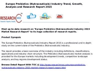 Europe Prebiotics (Nutraceuticals) Industry Trend, Growth,
Analysis and Research Report 2015
Most up-to-date research on "Europe Prebiotics (Nutraceuticals) Industry 2015
Market Research Report" to its huge collection of research reports.
Product Synopsis
The Europe Prebiotics (Nutraceuticals) Industry Report 2015 is a professional and in-depth
study on the current state of the Prebiotics (Nutraceuticals) industry.
The report provides a basic overview of the industry including definitions, classifications,
applications and industry chain structure. The Prebiotics (Nutraceuticals) market analysis is
provided for the Europe markets including development trends, competitive landscape
analysis, and key regions development status.
Browse Detail Report With TOC @ http://www.researchmoz.us/europe-prebiotics-
nutraceuticals-industry-2015-market-research-report-report.html
 