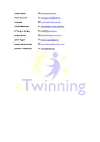 Tiziana Cippitelli         tiziana.cippi@tiscali.it

Valeria Giacomelli         valeria.giacomelli@yahoo.it

Emily Lewis                emily_lewis21@hotmail.com

Graciela
Graciela Peña Suárez       gracielapf@educastur.princast.es

Mª Luz Pérez Rodríguez     luz1970@hotmail.com

Lucía Prida Cueto          luciao@educastur.princast.es

Patrizia Ruggeri           patrizia.ruggeri@yahoo.it

Mariano Suárez Rodríguez   marianoar@educastur.princast.es

Mª Teresa Vicente Loredo   mayvic@hotmail.es
 
