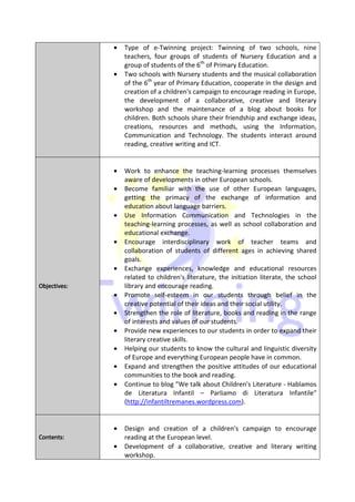 •   Type of e-Twinning project: Twinning of two schools, nine
                  teachers, four groups of students of Nursery Education and a
                  group of students of the 6th of Primary Education.
              •   Two schools with Nursery students and the musical collaboration
                  of the 6th year of Primary Education, cooperate in the design and
                  creation of a children's campaign to encourage reading in Europe,
                  the development of a collaborative, creative and literary
                  workshop and the maintenance of a blog about books for
                  children. Both schools share their friendship and exchange ideas,
                  creations, resources and methods, using the Information,
                  Communication and Technology. The students interact around
                  reading, creative writing and ICT.


              •   Work to enhance the teaching-learning processes themselves
                  aware of developments in other European schools.
              •   Become familiar with the use of other European languages,
                  getting the primacy of the exchange of information and
                  education about language barriers.
              •   Use Information Communication and Technologies in the
                  teaching-learning processes, as well as school collaboration and
                  educational exchange.
              •   Encourage interdisciplinary work of teacher teams and
                  collaboration of students of different ages in achieving shared
                  goals.
              •   Exchange experiences, knowledge and educational resources
                  related to children's literature, the initiation literate, the school
Objectives:
Objectives:       library and encourage reading.
              •   Promote self-esteem in our students through belief in the
                  creative potential of their ideas and their social utility.
              •   Strengthen the role of literature, books and reading in the range
                  of interests and values of our students.
              •   Provide new experiences to our students in order to expand their
                  literary creative skills.
              •   Helping our students to know the cultural and linguistic diversity
                  of Europe and everything European people have in common.
              •   Expand and strengthen the positive attitudes of our educational
                  communities to the book and reading.
              •   Continue to blog "We talk about Children's Literature - Hablamos
                  de Literatura Infantil – Parliamo di Literatura Infantile"
                  (http://infantiltremanes.wordpress.com).


              •   Design and creation of a children's campaign to encourage
Content
Contents:         reading at the European level.
              •   Development of a collaborative, creative and literary writing
                  workshop.
 