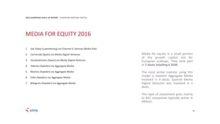 28
2016 EUROPEAN SCALE UP REPORT EUROPEAN VENTURE CAPITAL
Media for equity is a small portion
of the growth capital mix for
European scaleups. They took part
in 7 deals totalling € 35M.
The most active investor using this
model is Swedish Aggregate Media
involved in 4 deals. Spanish Media
Digital Ventures was involved in 2
deals.
This type of investment goes mainly
to B2C companies typically active in
HRTech.
MEDIA FOR EQUITY 2016
1. Job Today (Luxembourg) via Channel 4, German Media Pool
2. CornerJob (Spain) via Media Digital Ventures
3. Hundredrooms (Spain) via Media Digital Ventures
4. Vakanta (Sweden) via Aggregate Media
5. Nextory (Sweden) via Aggregate Media
6. Fello (Sweden) via Aggregate Media
7. Billogram (Sweden) via Aggregate Media
 
