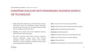 EUROPEAN SCALEUPS WITH REMARKABLE BUSINESS MODELS
OR TECHNOLOGY
30
• France: Alpha MOS, (Manufacturing), H4D (HealthTech), Reezocar
(eCommerce), Navya Tech (Automotive), Aryballe Technologies
(Manufacturing), Sensorwake (IoT), Sea Bubbles (Mobility), Dawex
(Business Intelligence) & Yelloan (FinTech);
• Germany: America (Retail), AX-Semantics (MediaTech), Adnymics
(AdTech) & Lilium Aviation (Aerospace);
• UK: Latimer (CivicTech), Audio Analytic (Security), Crowdsurfer
(FinTech), What3words (Supply Chain), Gluru (Business
Intelligence), Resolver (Consumer Services), Electric Jukebox
(MusicTech), Luminance (LegalTech), Funeralbooker (eCommerce),
DriveTribe (MediaTech) & Prowler (VR);
• Spain: Forever Us (eCommerce) & source{d} (HRTech);
• Norway: Stingray Marine Solutions (AgriTech) & Kahoot! (EdTech);
• Sweden: Werlabs (HealthTech) ​& Leasify (FinTech)
• Switzerland: EcoRobotix (AgriTech)
• Finland: KNL Networks (Telecom) & Eve-Tech (Manufacturing)
• Ireland: eCurrency Mint (FinTech), UrbanVolt (Utilities)
• Belgium: Sihto (HealthTech)
• Denmark: Churchdesk (Business Servives) & AthGene (HealthTech)
2016 EUROPEAN SCALE UP REPORT EUROPEAN VENTURE CAPITAL
 