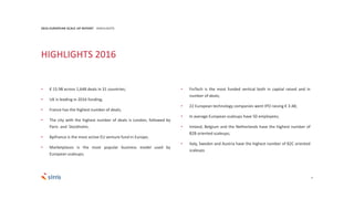 HIGHLIGHTS 2016
5
• € 15.9B across 1,648 deals in 31 countries;
• UK is leading in 2016 funding;
• France has the highest number of deals;
• The city with the highest number of deals is London, followed by
Paris and Stockholm;
• Bpifrance is the most active EU venture fund in Europe;
• Marketplaces is the most popular business model used by
European scaleups;
• FinTech is the most funded vertical both in capital raised and in
number of deals;
• 22 European technology companies went IPO raising € 3.4B;
• In average European scaleups have 50 employees;
• Ireland, Belgium and the Netherlands have the highest number of
B2B oriented scaleups;
• Italy, Sweden and Austria have the highest number of B2C oriented
scaleups
2016 EUROPEAN SCALE UP REPORT HIGHLIGHTS
 