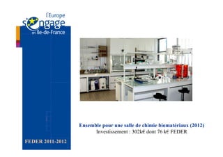 Ensemble pour une salle de chimie biomatériaux (2012)
                        Investissement : 302k€ dont 76 k€ FEDER
FEDER 2011-2012
 