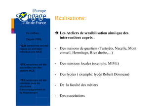 Réalisations:

     En chiffres :         è  Les Ateliers de sensibilisation ainsi que des
     Depuis 2006,
                               interventions auprès :

• 1225 personnes ont été
reçues en entretien        -  Des maisons de quartiers (Tarterêts, Nacelle, Mont
individuel à la MCE           conseil, Hermitage, Rive droite,…)


• 579 personnes ont été    -  Des missions locales (exemple: MIVE)
accueillies lors des
ateliers MCE
                           -  Des lycées ( exemple: lycée Robert Doisneau)
• 753 personnes ont été
orientées vers les
structures                 -  De la faculté des métiers
d’accompagnement et
de financement
                           -  Des associations
 