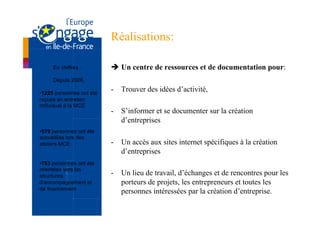 Réalisations:

     En chiffres :         è  Un centre de ressources et de documentation pour:
     Depuis 2006,

• 1225 personnes ont été
                           -  Trouver des idées d’activité,
reçues en entretien
individuel à la MCE
                           -  S’informer et se documenter sur la création
                              d’entreprises
• 579 personnes ont été
accueillies lors des
ateliers MCE               -  Un accès aux sites internet spécifiques à la création
                              d’entreprises
• 753 personnes ont été
orientées vers les
structures                 -  Un lieu de travail, d’échanges et de rencontres pour les
d’accompagnement et           porteurs de projets, les entrepreneurs et toutes les
de financement
                              personnes intéressées par la création d’entreprise.
 