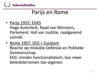 Parijs en Rome
16
• Parijs 1952: EGKS
Hoge Autoriteit, Raad van Ministers,
Parlement. Hof van Justitie, raadgevend
comité.
• Rome 1957: EEG + Euratom
Reactie op mislukte Defensie en Politieke
Gemeenschap.
EEG: minder functionalistisch, kon meer
beleidsterreinen toe-eigenen.
 