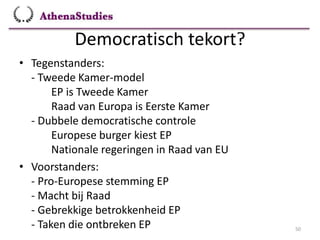 Democratisch tekort?
50
• Tegenstanders:
- Tweede Kamer-model
EP is Tweede Kamer
Raad van Europa is Eerste Kamer
- Dubbele democratische controle
Europese burger kiest EP
Nationale regeringen in Raad van EU
• Voorstanders:
- Pro-Europese stemming EP
- Macht bij Raad
- Gebrekkige betrokkenheid EP
- Taken die ontbreken EP
 