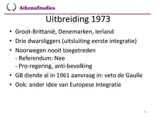 Uitbreiding 1973
62
• Groot-Brittanië, Denemarken, Ierland
• Drie dwarsliggers (uitsluiting eerste integratie)
• Noorwegen nooit toegetreden
- Referendum: Nee
- Pro-regering, anti-bevolking
• GB diende al in 1961 aanvraag in: veto de Gaulle
• Ook: ander idee van Europese Integratie
 