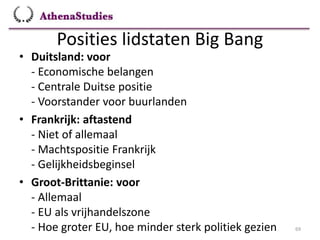 Posities lidstaten Big Bang
69
• Duitsland: voor
- Economische belangen
- Centrale Duitse positie
- Voorstander voor buurlanden
• Frankrijk: aftastend
- Niet of allemaal
- Machtspositie Frankrijk
- Gelijkheidsbeginsel
• Groot-Brittanie: voor
- Allemaal
- EU als vrijhandelszone
- Hoe groter EU, hoe minder sterk politiek gezien
 