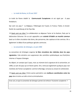 16
o Le traité de Rome, le 25 mai 1957
Le traité de Rome établit la Communauté Européenne et est signé par 6 pays
fondateurs.
Qui sont ces pays ? La Belgique, l’Allemagne de l’ouest, la France, l’Italie, le Grand-
Duché du Luxembourg et les Pays-Bas
 Quels sont ses rôles ? La collaboration va dépasser l’acier et le charbon, fixés par la
déclaration Schuman. On va voir apparaître une volonté d’établir un marché commun
basé sur la libre circulation des biens, des personnes, des capitaux et des services. On a
également le début d’une politique agricole commune.
o La convention de Schengen, en juin 1990
La convention de Schengen organise la libre circulation des individus dans les pays
signataires. Cela entraîne une suppression des contrôles systématiques aux frontières
internes à l’espace Schengen.
Au départ, on compte que 5 pays, mais au moment de la signature de la convention, en
1990, ce sont 26 pays qui en feront partie. On y retrouve également quelques pays non
membres de l’Union européenne comme la Norvège, la Suisse ou encore le Lichtenstein.
 Quels sont ses rôles ? Entre autres permettre une meilleure coordination entre les
pays dans la lutte au trafic et de la criminalisation.
A ton avis, en quoi la convention de Schengen permet de renforcer l’économie européenne ?
……………………………………………………………………………………………………………………………………………………
……………………………………………………………………………………………………………………………………………………
 