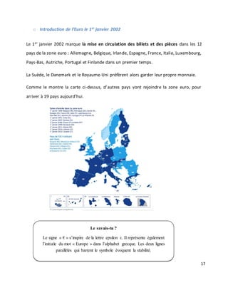 17
o Introduction de l’Euro le 1er
janvier 2002
Le 1er
janvier 2002 marque la mise en circulation des billets et des pièces dans les 12
pays de la zone euro : Allemagne, Belgique, Irlande, Espagne, France, Italie, Luxembourg,
Pays-Bas, Autriche, Portugal et Finlande dans un premier temps.
La Suède, le Danemark et le Royaume-Uni préfèrent alors garder leur propre monnaie.
Comme le montre la carte ci-dessus, d’autres pays vont rejoindre la zone euro, pour
arriver à 19 pays aujourd’hui.
Le savais-tu ?
Le signe « € » s’inspire de la lettre epsilon ε. Il représente également
l’initiale du mot « Europe » dans l’alphabet grecque. Les deux lignes
parallèles qui barrent le symbole évoquent la stabilité.
 