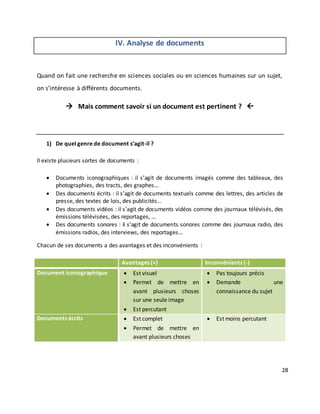 28
IV. Analyse de documents
Quand on fait une recherche en sciences sociales ou en sciences humaines sur un sujet,
on s’intéresse à différents documents.
 Mais comment savoir si un document est pertinent ? 
1) De quel genre de document s’agit-il ?
Il existe plusieurs sortes de documents :
 Documents iconographiques : il s’agit de documents imagés comme des tableaux, des
photographies, des tracts, des graphes…
 Des documents écrits : il s’agit de documents textuels comme des lettres, des articles de
presse, des textes de lois, des publicités…
 Des documents vidéos : il s’agit de documents vidéos comme des journaux télévisés, des
émissions télévisées, des reportages, …
 Des documents sonores : il s’agit de documents sonores comme des journaux radio, des
émissions radios, des interviews, des reportages…
Chacun de ses documents a des avantages et des inconvénients :
Avantages (+) Inconvénients (-)
Document iconographique  Est visuel
 Permet de mettre en
avant plusieurs choses
sur une seule image
 Est percutant
 Pas toujours précis
 Demande une
connaissance du sujet
Documents écrits  Est complet
 Permet de mettre en
avant plusieurs choses
 Est moins percutant
 