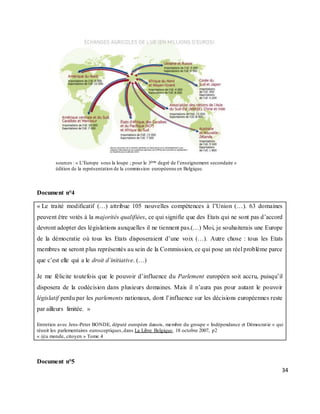 34
sources : « L’Europe sous la loupe ; pour le 3ème degré de l’enseignement secondaire »
édition de la représentation de la commission européenne en Belgique.
Document n°4
« Le traité modificatif (…) attribue 105 nouvelles compétences à l’Union (…). 63 domaines
peuvent être votés à la majorités qualifiées, ce qui signifie que des Etats qui ne sont pas d’accord
devront adopter des législations auxquelles il ne tiennent pas.(…) Moi, je souhaiterais une Europe
de la démocratie où tous les Etats disposeraient d’une voix (…). Autre chose : tous les Etats
membres ne seront plus représentés au sein de la Commission, ce qui pose un réel problème parce
que c’est elle qui a le droit d’initiative. (…)
Je me félicite toutefois que le pouvoir d’influence du Parlement européen soit accru, puisqu’il
disposera de la codécision dans plusieurs domaines. Mais il n’aura pas pour autant le pouvoir
législatif perdu par les parlements nationaux, dont l’influence sur les décisions européennes reste
par ailleurs limitée. »
Entretien avec Jens-Peter BONDE, député européen danois, membre du groupe « Indépendance et Démocratie » qui
réunit les parlementaires eurosceptiques,dans La Libre Belgique, 18 octobre 2007, p2
« @u monde, citoyen » Tome 4
Document n°5
 