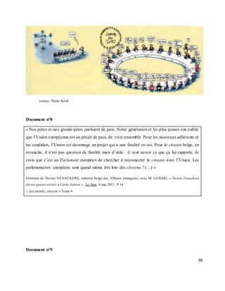 36
source : Pierre Kroll
Document n°8
« Nos pères et nos grands-pères parlaient de paix. Notre génération et les plus jeunes ont oublié
que l’Union européenne est un projet de paix, de vivre ensemble. Pour les nouveaux adhérents et
les candidats, l’Union est davantage un projet qui a une finalité en soi. Pour le citoyen belge, en
revanche, il n’est pas question de finalité mais d’utile : il veut savoir ce que ça lui rapporte. Je
crois que c’est au Parlement européen de chercher à reconnecter le citoyen avec l’Union. Les
parlementaires européens sont quand même très loin des citoyens ! (…) »
Entretien de Steven VANACKERE, ministre belge des Affaires étrangères, avec M. LABAKI, « Steven Vanackere
dit ses quatre vérités à Cathy Ashton », Le Soir, 4 mai 2011, P 14
« @u monde, citoyen » Tome 4
Document n°9
 