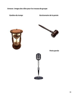 58
Annexe :images des rôles pour les travaux de groupe
Gardiendu temps Gestionnaire de laparole
Porte parole
 