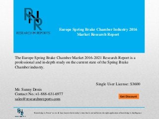 Europe Spring Brake Chamber Industry 2016
Market Research Report
Mr. Sunny Denis
Contact No.:+1-888-631-6977
sales@researchnreports.com
The Europe Spring Brake Chamber Market 2016-2021 Research Report is a
professional and in-depth study on the current state of the Spring Brake
Chamber industry.
Single User License: $3600
“Knowledge is Power” as we all have known but in today‟s time that is not sufficient, the right application of knowledge is Intelligence.
 
