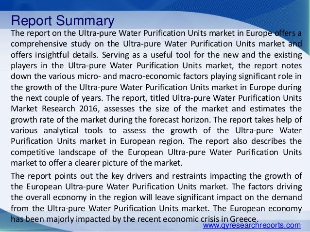 study of water purification essay The water purification process water purity is extremely important to pharmaceutical and biochemical industries suspended or dissolved particles, organic compounds, impurities and other contaminants prohibit the usage of tap water in laboratory applications and scientific research. study of water purification essay The water purification process water purity is extremely important to pharmaceutical and biochemical industries suspended or dissolved particles, organic compounds, impurities and other contaminants prohibit the usage of tap water in laboratory applications and scientific research.