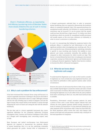 Chart 1: Predicate offences, as reported by
Anti-Money Laundering Units of Member States
most closely linked to the use of cash in money
laundering schemes:
1.3.	 Why is cash a problem for law enforcement?
It has been mentioned that criminals favour using cash because it is
a bearer negotiable instrument: it belongs to the person who holds it
while providing no information about its origin. Although criminals
still face the task of finding ways in which to integrate cash into the
legal economy, they remain drawn to the benefits it conveys through
disguising the source of funds and cutting the link with the ultimate
beneficiary.
The fact that cash is a bearer negotiable instrument also causes
significant difficulties for the Competent Authorities (Criminal
Investigative Units, Customs and Financial Intelligence Units (FIUs)
etc.) charged with investigating cases concerning suspect sums
of cash.
Most European and indeed non-European Law Enforcement
Agencies are required to demonstrate the predicate offence
to money laundering: that is to say the underlying criminality
which generated the profits. Around 60% of respondents to
a Europol questionnaire indicated that, in order to prosecute
money laundering, they are required to demonstrate the predicate
offence to evidential standards. Only 12% reported provisions for
unexplained wealth (whereby civil forfeiture or money laundering
convictions may be secured if it can be proven that the money
could not have derived from a legal source)5
. In reality, even those
jurisdictions which do provide for unexplained wealth provisions
will usually require, at the very least, indicators of criminality in
order to secure a conviction or confiscation.
As such, it is unsurprising that linking the suspicious funds to the
predicate offence is reported by Law Enforcement as the most
significant problem when investigating cases involving cash. This is
not to say that the issue of demonstrating the underlying criminality
is specific to cases involving cash, however the inability to trace
physical cash money movements intensifies the problem when
compared to other instruments for which records are kept. This
barrier is closely followed by that of slow or inadequate international
cooperation among Law Enforcement Agencies and limited powers
or inadequate domestic legislation. Together these barriers combine
to frustrate the efforts of financial investigators.
1.4.	 What do we know about
legitimate cash usage?
To understand the illegitimate use of cash, we first need to consider
its legitimate use. Cash certainly has many legitimate functions, and
may indeed be preferable to other payment systems under certain
circumstances.
However, the nature of cash means that there is little, if any, concrete
data available beyond figures around the volume and value of bank
notes issued and in circulation. Much else to do with cash is unknown.
Assessing the legitimate use of cash suffers from the same problems
faced when considering its illicit use: very little hard statistical data
is available.
Nonetheless, observations around consumer patterns do paint
a picture of how cash is used. Various reports indicate that cash
remains the most popular payment method among consumers in
terms of volumes of transactions. It is the preferred method for low
value payments (87% of purchases with a value less than EUR 20)6
.
For those businesses which receive this cash, most deposit cash
income at the bank and cash payments constitute only a small part of
the total expenditure of companies.
5	 Results of Europol survey to MS ML Units on the use of cash as an instrument to
facilitate money laundering (2014)
6	 http://www.ecb.europa.eu/pub/pdf/other/art2_mb201104en_pp79-90en.pdf
Corruption/Bribery
Counterfeiting/Product Piracy
Cybercrime
Drugs traﬃcking
Environmental crime
Fraud  swindling/Scams
Human traﬃcking/Smuggling
of migrants
Intellectual property crime
Murder/Violent crime
Racketeering/Extortion
Tax fraud/Crime
Terrorism
Theft/Acquisitive crime
VAT fraud
14%
7%
2%
21%
11%
10%
9%
9%
3%
1%
1%
4%
4%
4%
WHY IS CASH STILL KING? A STRATEGIC REPORT ON THE USE OF CASH BY CRIMINAL GROUPS AS A FACILITATOR FOR MONEY LAUNDERING _ 11
 