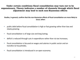 Under certain conditions fiscal consolidation may turn out to be 
expansionary. Theory indicates a number of channels through which fiscal 
adjustment may lead to such non-Keynesian effects 
Studies, in general, confirm that the non-Keynesian effects of fiscal consolidation are more likely to 
17 
occur, when: 
• public debt before fiscal consolidation is high or fast growing rather than low and 
slowly growing; 
• fiscal consolidation is of large size and long lasting; 
• deficit is reduced through cuts in expenditure rather than via tax increases; 
• fiscal consolidation is focused on wages and salaries in public sector and on 
transfers to households; 
• fiscal consolidation is introduced in an open economy. 
 