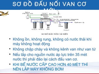 SƠ ĐỒ ĐẤU NỐI VAN CƠ
         MỚI




• Không ồn, không rung, không có nước thải khi
  máy không hoạt động
• Không chập cháy và không kênh van như van từ
• Nếu lắp cho nguồn nước áp lực trên 35 mét
  nước thì phải đảo lại cách đấu van cơ.
• KHI BỂ NƯỚC CẤP CAO HƠN 40 MÉT THÌ
  NÊN LẮP MÁY KHÔNG BƠM
 