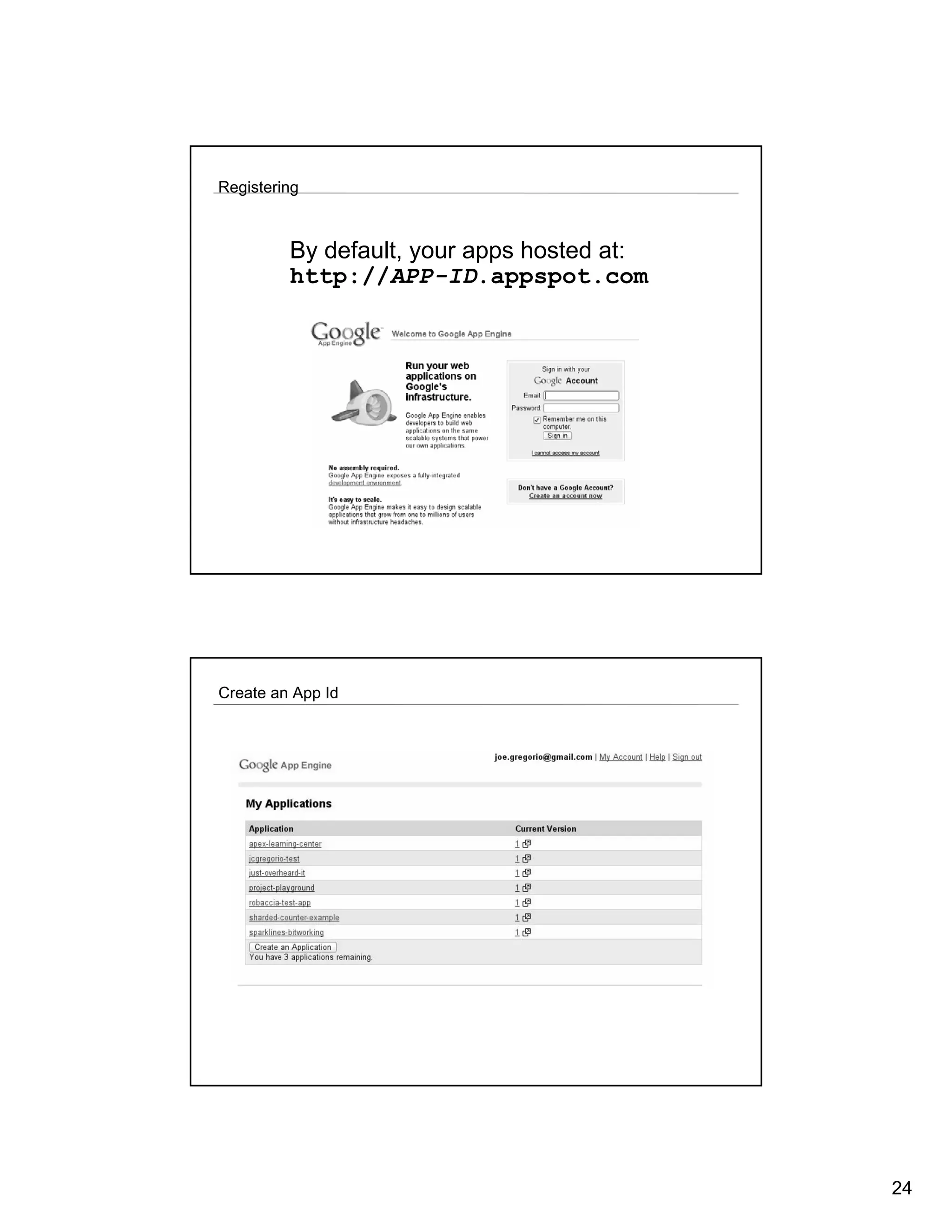 Registering



         By default, your apps hosted at:
         http://APP-ID.appspot.com




Create an App Id




                                            24
 