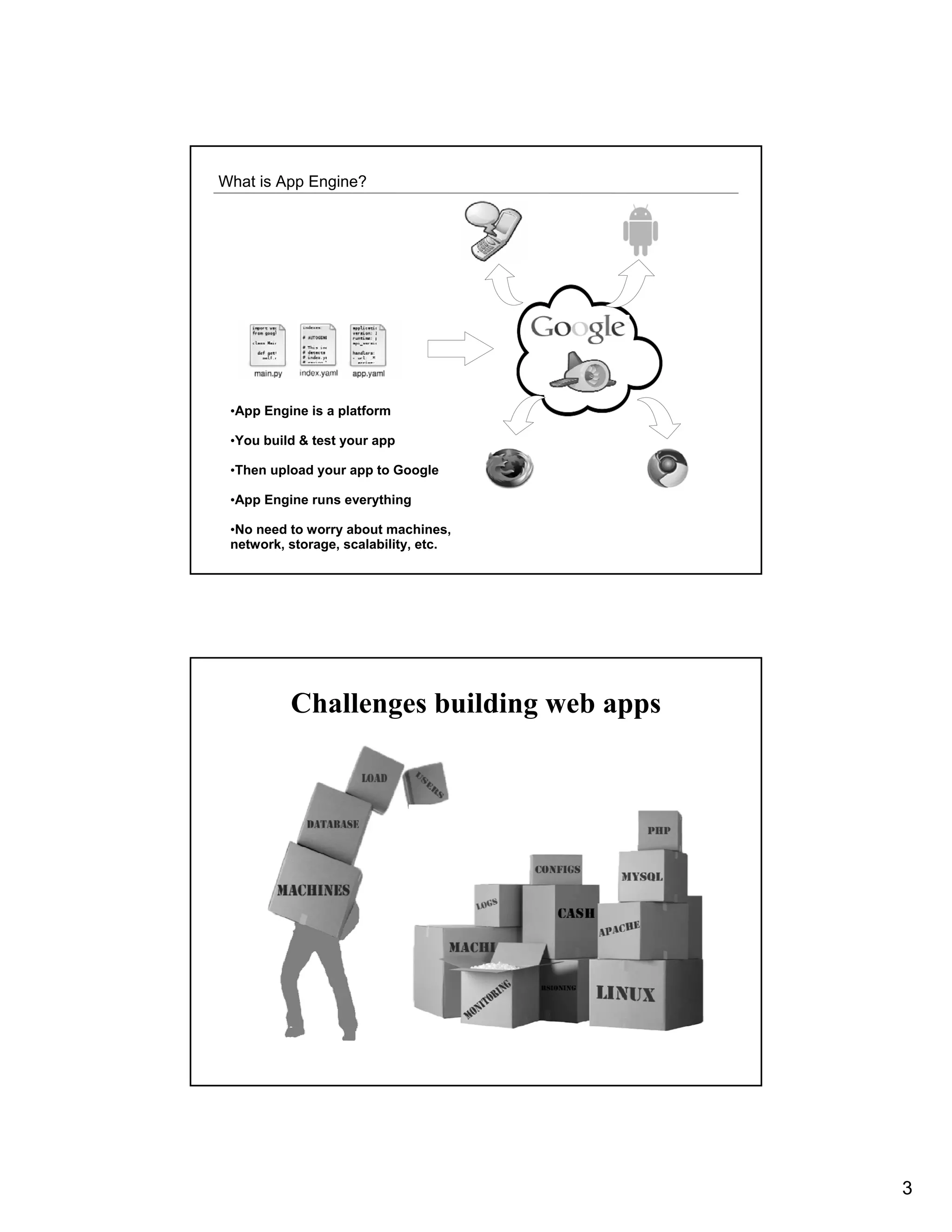 What is App Engine?




 •App Engine is a platform

 •You build & test your app

 •Then upload your app to Google

 •App Engine runs everything

 •No need to worry about machines,
 network, storage, scalability, etc.




          Challenges building web apps




                                         3
 