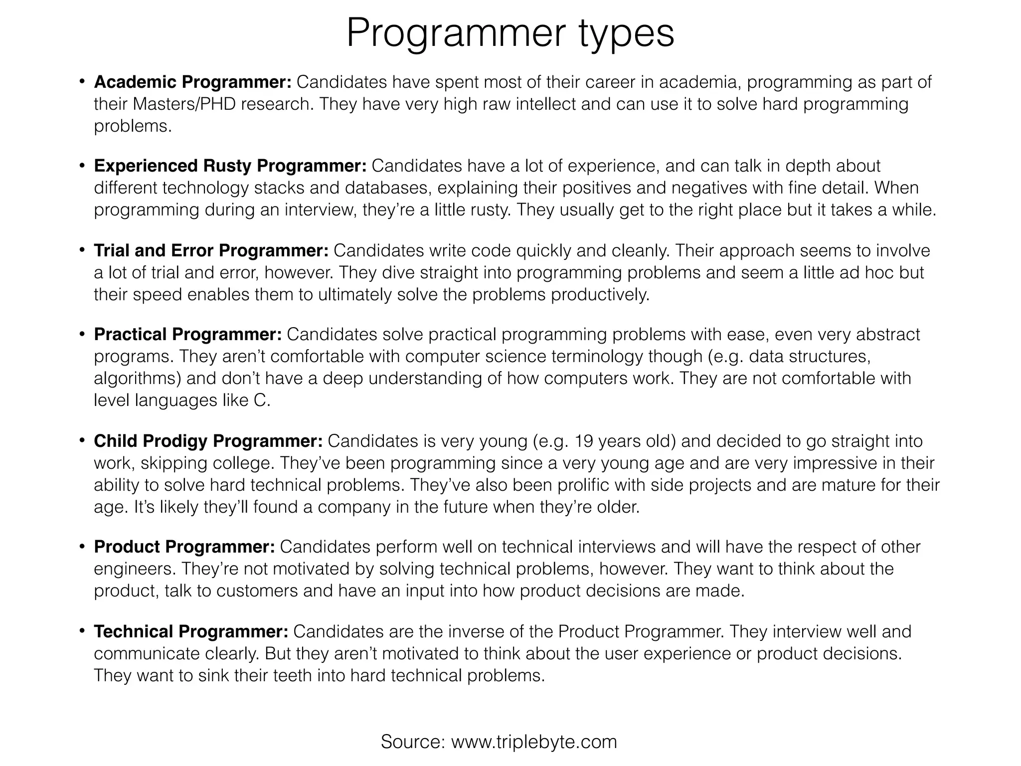 Programmer types
• Academic Programmer: Candidates have spent most of their career in academia, programming as part of
their Masters/PHD research. They have very high raw intellect and can use it to solve hard programming
problems.
• Experienced Rusty Programmer: Candidates have a lot of experience, and can talk in depth about
different technology stacks and databases, explaining their positives and negatives with ﬁne detail. When
programming during an interview, they’re a little rusty. They usually get to the right place but it takes a while.
• Trial and Error Programmer: Candidates write code quickly and cleanly. Their approach seems to involve
a lot of trial and error, however. They dive straight into programming problems and seem a little ad hoc but
their speed enables them to ultimately solve the problems productively.
• Practical Programmer: Candidates solve practical programming problems with ease, even very abstract
programs. They aren’t comfortable with computer science terminology though (e.g. data structures,
algorithms) and don’t have a deep understanding of how computers work. They are not comfortable with
level languages like C.
• Child Prodigy Programmer: Candidates is very young (e.g. 19 years old) and decided to go straight into
work, skipping college. They’ve been programming since a very young age and are very impressive in their
ability to solve hard technical problems. They’ve also been proliﬁc with side projects and are mature for their
age. It’s likely they’ll found a company in the future when they’re older.
• Product Programmer: Candidates perform well on technical interviews and will have the respect of other
engineers. They’re not motivated by solving technical problems, however. They want to think about the
product, talk to customers and have an input into how product decisions are made.
• Technical Programmer: Candidates are the inverse of the Product Programmer. They interview well and
communicate clearly. But they aren’t motivated to think about the user experience or product decisions.
They want to sink their teeth into hard technical problems.
Source: www.triplebyte.com
 