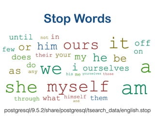 PostgresSQL FTS
Stop Words
SELECT to_tsvector('in the list of stop words');
to_tsvector
----------------------------
'list...