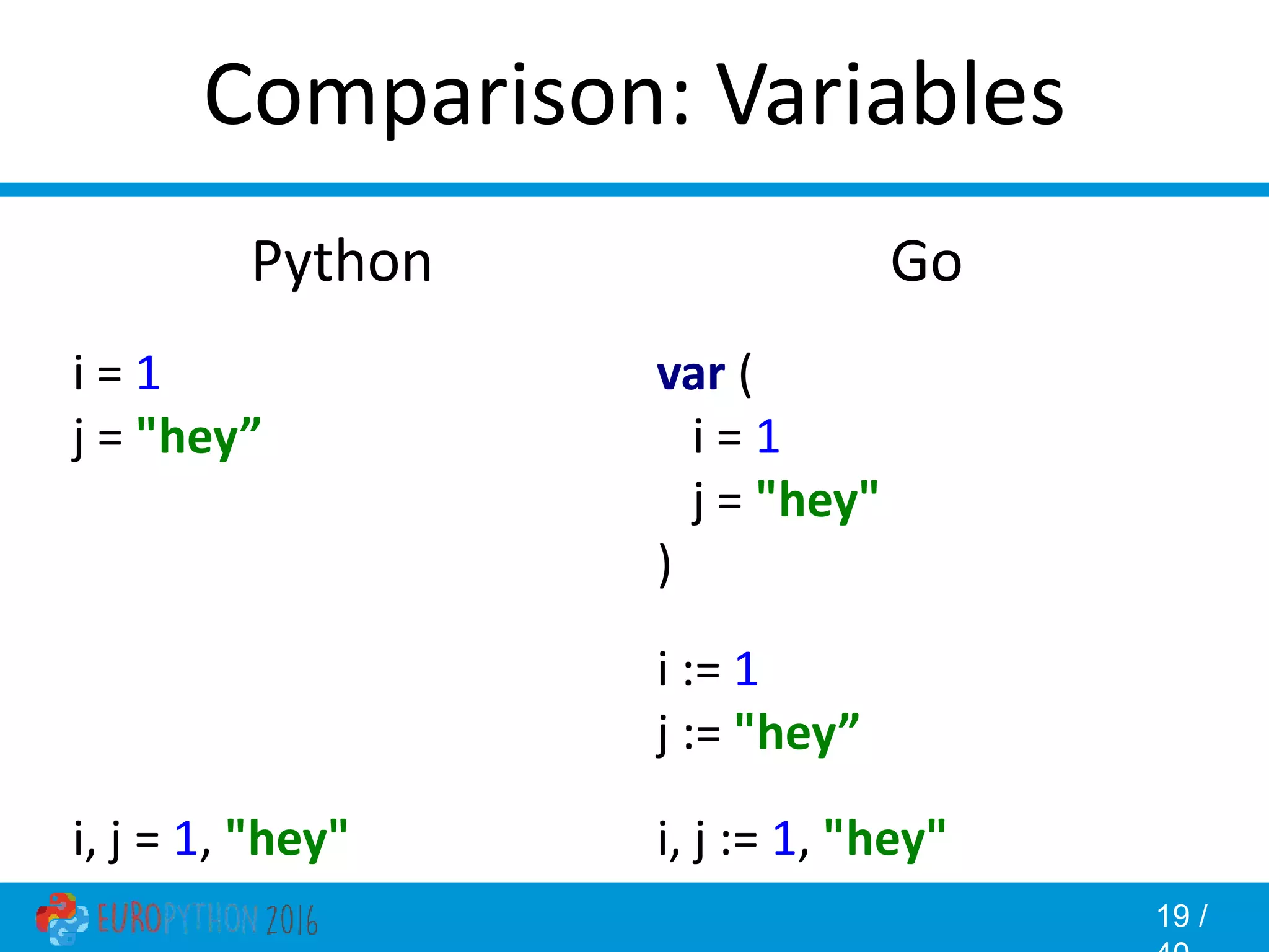 19 / Comparison: Variables Go var ( i = 1 j = "hey" ) i := 1 j := "hey” i, j := 1, "hey" Python i = 1 j = "hey” i, j = 1, "hey" 