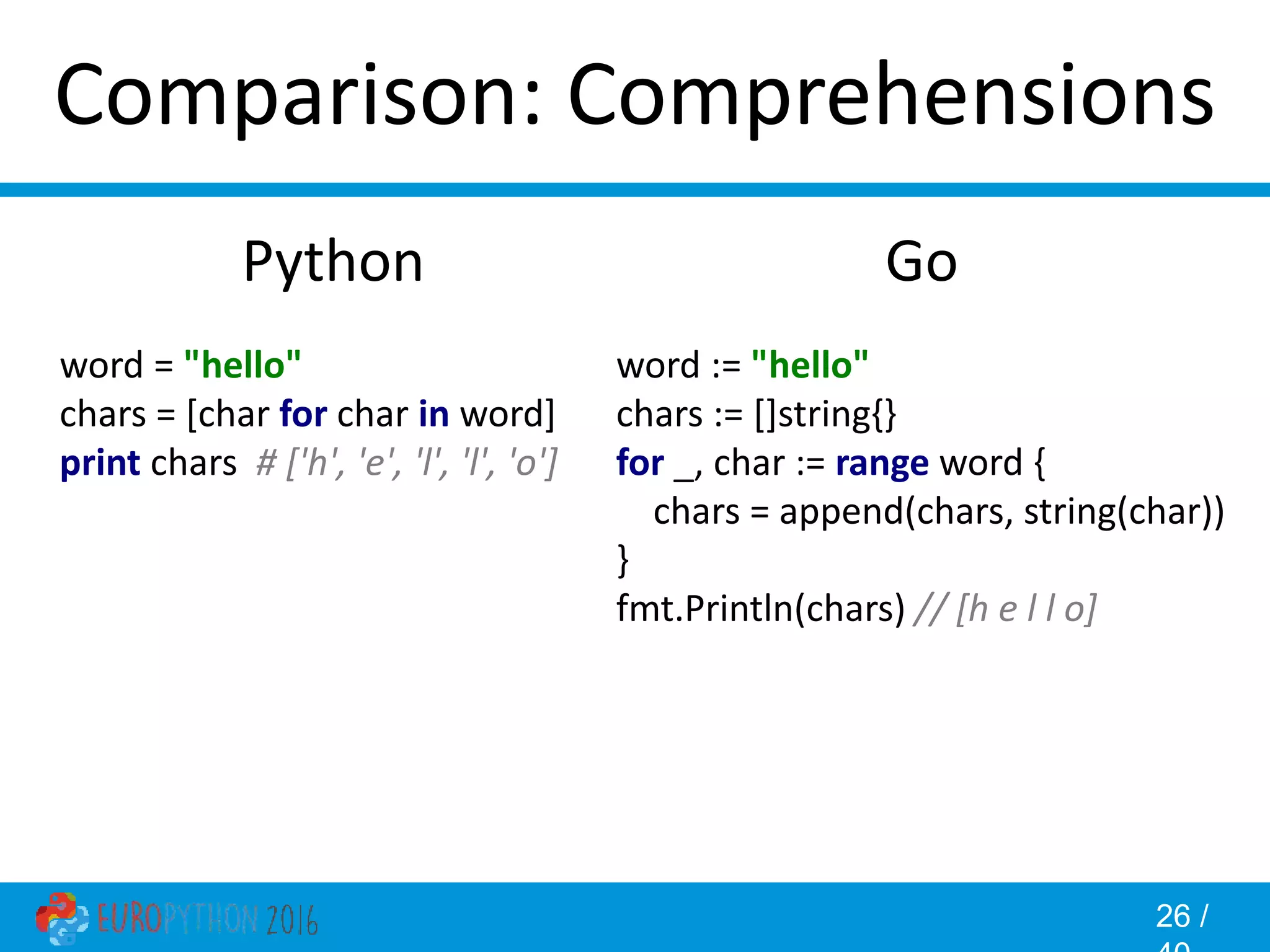 26 / Comparison: Comprehensions Go word := "hello" chars := []string{} for _, char := range word { chars = append(chars, string(char)) } fmt.Println(chars) // [h e l l o] Python word = "hello" chars = [char for char in word] print chars # ['h', 'e', 'l', 'l', 'o'] 