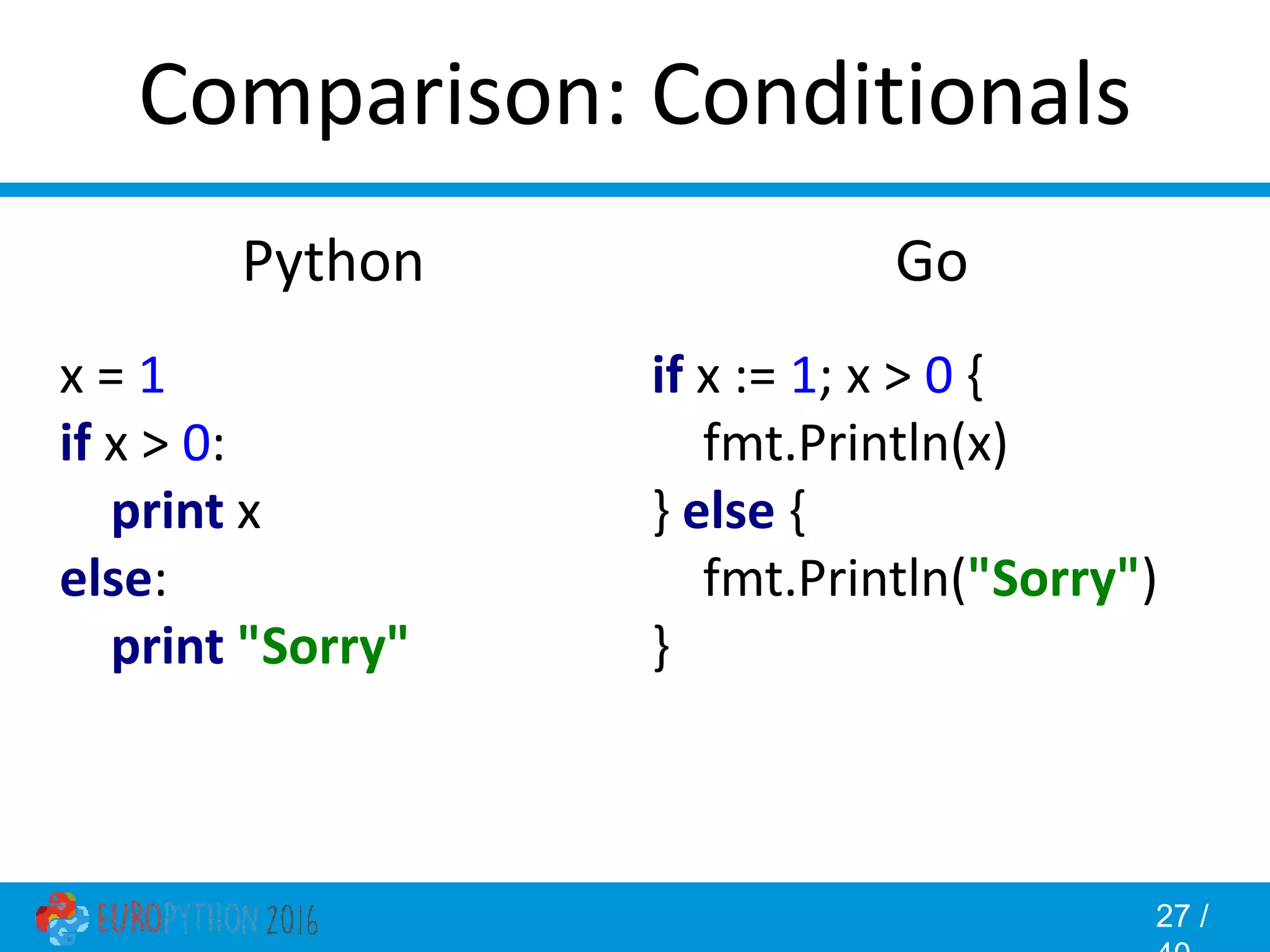 27 / Comparison: Conditionals Go if x := 1; x > 0 { fmt.Println(x) } else { fmt.Println("Sorry") } Python x = 1 if x > 0: print x else: print "Sorry" 