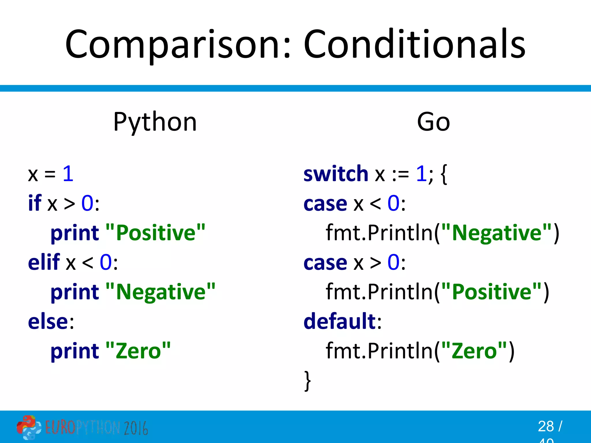 28 / Comparison: Conditionals Go switch x := 1; { case x < 0: fmt.Println("Negative") case x > 0: fmt.Println("Positive") default: fmt.Println("Zero") } Python x = 1 if x > 0: print "Positive" elif x < 0: print "Negative" else: print "Zero" 