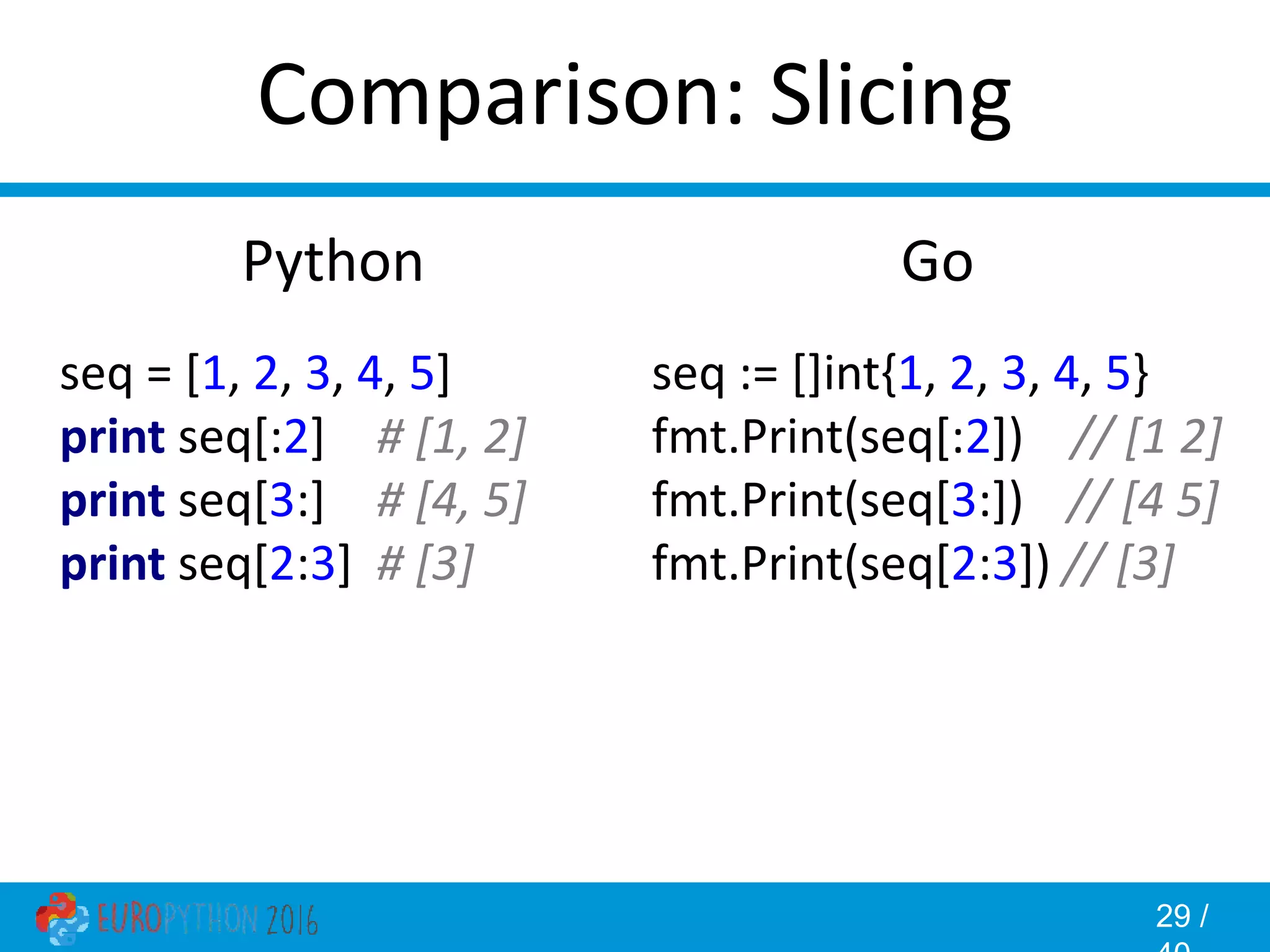 29 / Comparison: Slicing Go seq := []int{1, 2, 3, 4, 5} fmt.Print(seq[:2]) // [1 2] fmt.Print(seq[3:]) // [4 5] fmt.Print(seq[2:3]) // [3] Python seq = [1, 2, 3, 4, 5] print seq[:2] # [1, 2] print seq[3:] # [4, 5] print seq[2:3] # [3] 