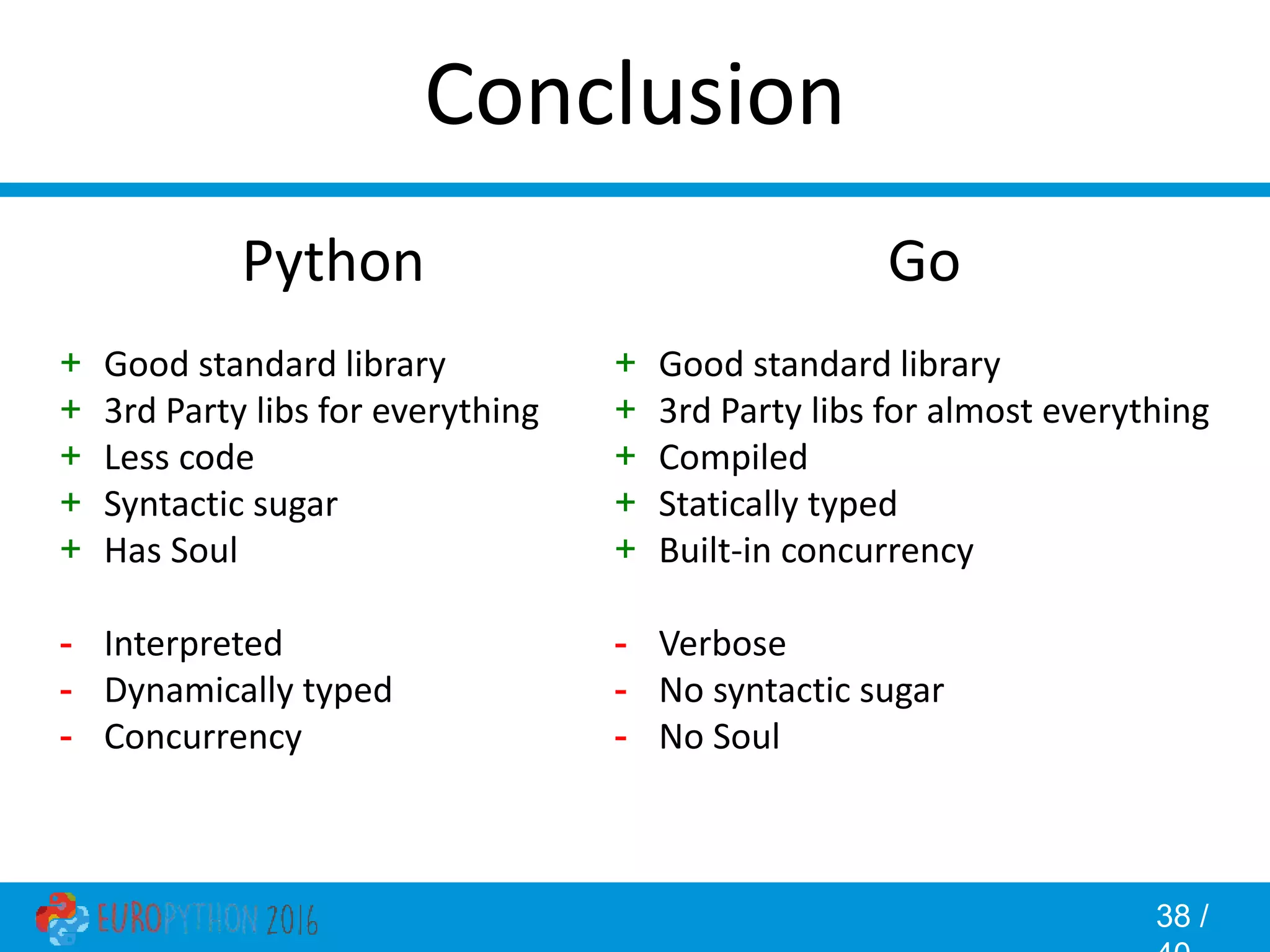 38 / Conclusion Go + Good standard library + 3rd Party libs for almost everything + Compiled + Statically typed + Built-in concurrency - Verbose - No syntactic sugar - No Soul Python + Good standard library + 3rd Party libs for everything + Less code + Syntactic sugar + Has Soul - Interpreted - Dynamically typed - Concurrency 