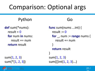 21 /
Comparison: Optional args
Go
func sum(nums ...int) {
result := 0
for _, num := range nums {
result += num
}
return result
}
sum(1, 2, 3)
sum([]int{1, 2, 3}...)
Python
def sum(*nums):
result = 0
for num in nums:
result += num
return result
sum(1, 2, 3)
sum(*[1, 2, 3])
 