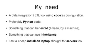 My need
• A data integration / ETL tool using code as conﬁguration.
• Preferably Python code.
• Something that can be tested (I mean, by a machine).
• Something that can use inheritance.
• Fast & cheap install on laptop, thought for servers too.
 