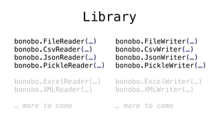 Library
bonobo.FileReader(…)
bonobo.CsvReader(…)
bonobo.JsonReader(…)
bonobo.PickleReader(…)
bonobo.ExcelReader(…)
bonobo.XMLReader(…)
… more to come
bonobo.FileWriter(…)
bonobo.CsvWriter(…)
bonobo.JsonWriter(…)
bonobo.PickleWriter(…)
bonobo.ExcelWriter(…)
bonobo.XMLWriter(…)
… more to come
 