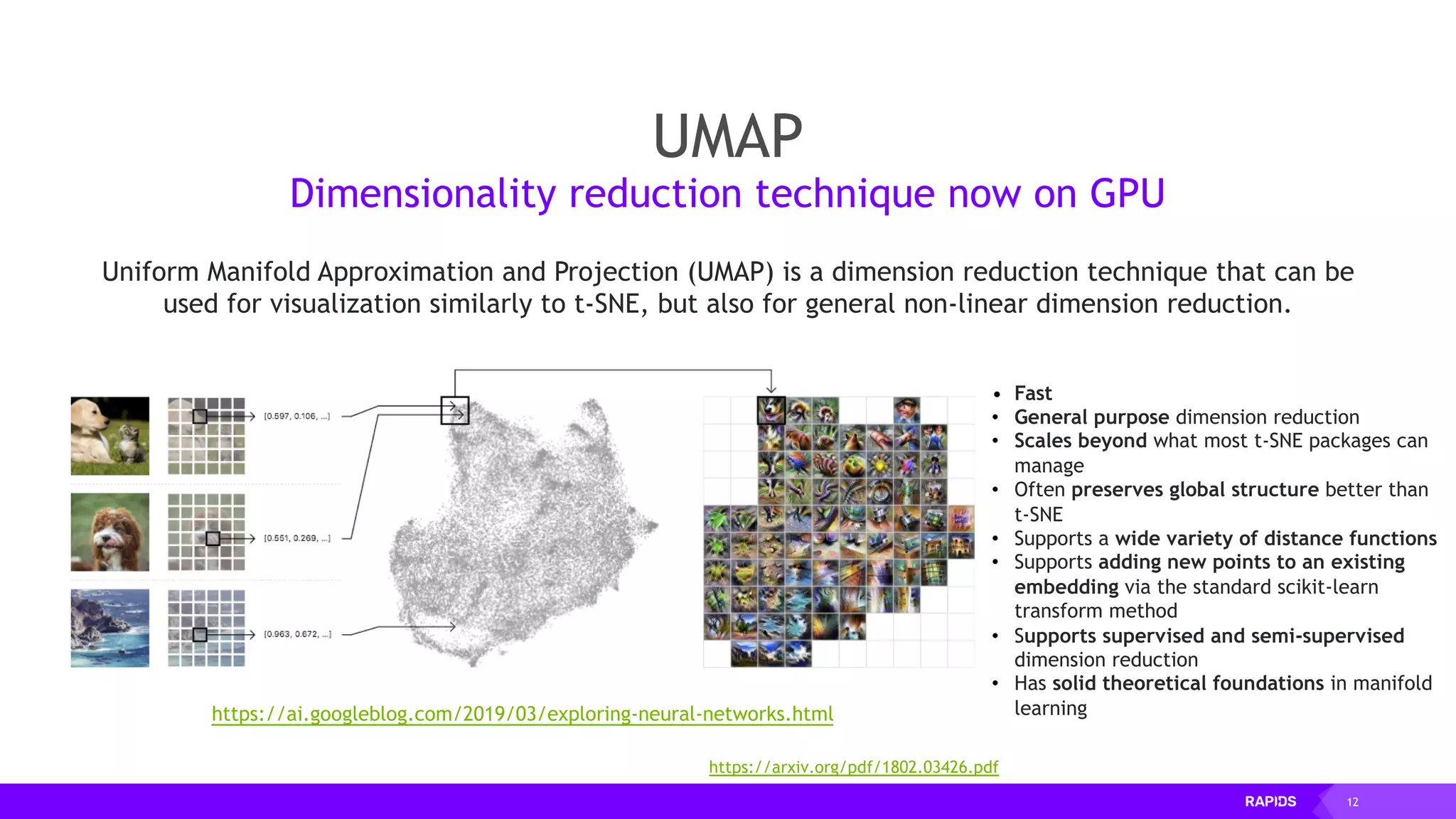 12
UMAP
Dimensionality reduction technique now on GPU
https://ai.googleblog.com/2019/03/exploring-neural-networks.html
Uniform Manifold Approximation and Projection (UMAP) is a dimension reduction technique that can be
used for visualization similarly to t-SNE, but also for general non-linear dimension reduction.
• Fast
• General purpose dimension reduction
• Scales beyond what most t-SNE packages can
manage
• Often preserves global structure better than
t-SNE
• Supports a wide variety of distance functions
• Supports adding new points to an existing
embedding via the standard scikit-learn
transform method
• Supports supervised and semi-supervised
dimension reduction
• Has solid theoretical foundations in manifold
learning
https://arxiv.org/pdf/1802.03426.pdf
 