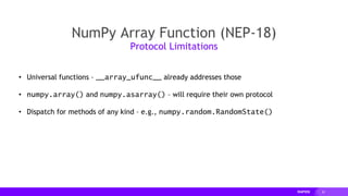 20
NumPy Array Function (NEP-18)
Protocol Limitations
• Universal functions – __array_ufunc__ already addresses those
• numpy.array() and numpy.asarray() – will require their own protocol
• Dispatch for methods of any kind – e.g., numpy.random.RandomState()
 