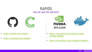 37
• https://ngc.nvidia.com/registry/nvidia-
rapidsai-rapidsai
• https://hub.docker.com/r/rapidsai/rapidsai/
• https://github.com/rapidsai
• https://anaconda.org/rapidsai/
RAPIDS
How do I get the software?
 