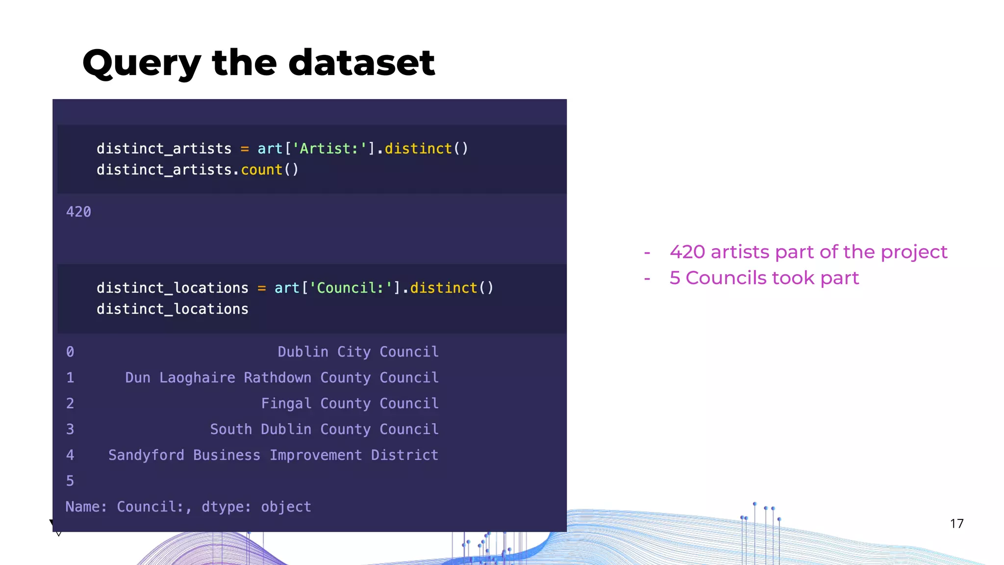 17
Query the dataset
Add description...
- 420 artists part of the project
- 5 Councils took part
 