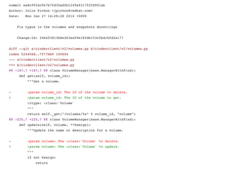 commit ea8c9554c947b7fd30adfb1249a9317f258901ab
Author: Julie Pichon <jpichon@redhat.com>
Date:   Mon Jan 27 14:28:28 2014 +0000
    Fix typos in the volumes and snapshots docstrings
    
    Change­Id: I0e4f3813b8e263ea59e182db153c5b4c6fd2a177
diff ­­git a/cinderclient/v2/volumes.py b/cinderclient/v2/volumes.py
index 524456d..7f77bb9 100644
­­­ a/cinderclient/v2/volumes.py
+++ b/cinderclient/v2/volumes.py
@@ ­187,7 +187,7 @@ class VolumeManager(base.ManagerWithFind):
     def get(self, volume_id):
         """Get a volume.
 
­        :param volume_id: The ID of the volume to delete.
+        :param volume_id: The ID of the volume to get.
         :rtype: :class:`Volume`
         """
         return self._get("/volumes/%s" % volume_id, "volume")
@@ ­225,7 +225,7 @@ class VolumeManager(base.ManagerWithFind):
     def update(self, volume, **kwargs):
         """Update the name or description for a volume.
 
­        :param volume: The :class:`Volume` to delete.
+        :param volume: The :class:`Volume` to update.
         """
         if not kwargs:
             return
 