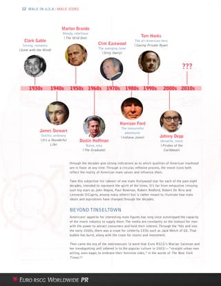12 MALE IN U.S.A.: MALE ICONS




                          Marlon Brando
                           Moody, rebellious
                           (The Wild One)                                         Tom Hanks
   Clark Gable                                                                The all-American hero
  Strong, romantic                                  Clint Eastwood            (Saving Private Ryan)
(Gone with the Wind)                                The avenging loner
                                                      (Dirty Harry)



                                                                                                               ???


      1930s        1940s         1950s 1960s 1970s                     1980s 1990s                2000s 2010s




                                                                   Harrison Ford
                                                                    The resourceful
            James Stewart                                              adventurer
             Dutiful, ordinary                                                                 Johnny Depp
                                                                    (Indiana Jones)
             (It’s a Wonderful         Dustin Hoffman                                          Versatile, ironic
                    Life)                  Naive, sexy                                         (Pirates of the
                                         (The Graduate)                                          Caribbean)


                                 through the decades give strong indications as to which qualities of American manhood
                                 are in favor at any time. Through a circular, reflexive process, the movie icons both
                                 reflect the reality of American male values and influence them.

                                 Take this subjective list (above) of one male Hollywood star for each of the past eight
                                 decades, intended to represent the spirit of the times. It’s far from exhaustive (missing
                                 such big stars as John Wayne, Paul Newman, Robert Redford, Robert De Niro and
                                 Leonardo DiCaprio, among many others) but is rather meant to illustrate how male
                                 ideals and aspirations have changed through the decades.


                                 BEYOND TINSELTOWN
                                 Americans’ appetite for interesting male figures has long since outstripped the capacity
                                 of the movie industry to supply them. The media are constantly on the lookout for men
                                 with the power to attract consumers and hold their interest. Through the ’90s and into
                                 the early 2000s, there was a craze for celebrity CEOs such as Jack Welch of GE. That
                                 bubble has burst, along with the craze for stocks and investment.

                                 Then came the era of the metrosexuals (a word that Euro RSCG’s Marian Salzman and
                                 her trendspotting unit ushered in to the popular culture in 2003)—“straight urban men
                                 willing, even eager, to embrace their feminine sides,” in the words of The New York
                                 Times.23
 