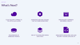 43
WHAT’S NEXT
What’s Next?
PROLIFERATION OF
EMBEDDED FINANCE
RISE OF THE DEVELOPER DRIVEN
DATA STACK
CLOUD SECURITY TURNING TO
THE APPS & DATA LAYERS
INFRASTRUCTURE AND TOOLING
FOR THE HYBRID WORKFORCE
PERSONALIZED COMMERCE
BECOMING A REALITY
WEB3/CRYPTO DEVELOPER, DATA AND
SECURITY TOOLING LEVELLING UP
 