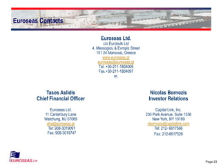 Page 23
Euroseas Contacts
Euroseas Ltd.
c/o Eurobulk Ltd
4, Messogiou & Evropis Street
151 24 Maroussi, Greece
www.euroseas.gr
euroseas@euroseas.gr
Tel. +30-211-1804005
Fax.+30-211-1804097
or,
Tasos Aslidis
Chief Financial Officer
Euroseas Ltd.
11 Canterbury Lane
Watchung, NJ 07069
aha@euroseas.gr
Tel: 908-3019091
Fax: 908-3019747
Nicolas Bornozis
Investor Relations
Capital Link, Inc.
230 Park Avenue, Suite 1536
New York, NY 10169
nbornozis@capitallink.com
Tel: 212- 6617566
Fax: 212-6617526
 