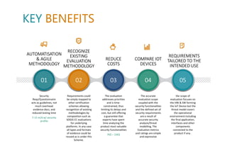KEY BENEFITS
01
AUTOMATISATION
& AGILE
METHODOLOGY
Security
Reqs/Questionnaire
acts as guidelines, not
much overhead
evidence docs, and
reduced testing time
7-15 m/d w/ security
profile
02
RECOGNIZE
EXISTING
EVALUATION
METHODOLOGY
Requirements could
be simply mapped to
other certification
schemes allowing
recognition of existing
methodologies by
composition such as
SOGIS CC evaluations
for underlying
platforms. In any case
all types and formats
of evidence could be
reused as is under this
Scheme.
03
REDUCE
COSTS
The evaluation
addresses priorities
and is time-
constrained, thus
limiting its delays and
cost, but still offering
a guarantee that
experts have spent
time analyzing the
product most valuable
security functionalities
7K$ – 15K$
04
COMPARE IOT
DEVICES
The accurate
evaluation scope
coupled with the
security functionalities
and the defined set of
security requirements
are a result of
accurate security
analysis/threat
modelling, The
Evaluation metrics
and ratings are simple
and expressive
05
REQUIREMENTS
TAILORED TO THE
INTENDED USE
the scope of
evaluation focuses on
the HW & SW forming
the IoT Device but the
threat model covers
the operational
environment including
the final application,
interfaces and other
components
connected to the
product if any..
 