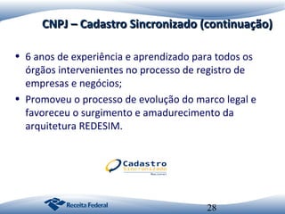 CNPJ – Cadastro Sincronizado (continuação)
• 6 anos de experiência e aprendizado para todos os
órgãos intervenientes no processo de registro de
empresas e negócios;
• Promoveu o processo de evolução do marco legal e
favoreceu o surgimento e amadurecimento da
arquitetura REDESIM.

28

 