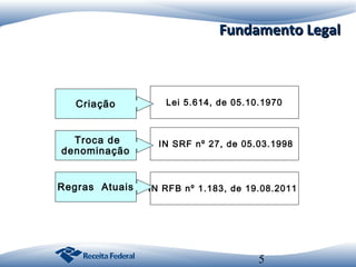 Fundamento Legal

Criação

Lei 5.614, de 05.10.1970

Troca de
denominação

IN SRF nº 27, de 05.03.1998

Regras Atuais

IN RFB nº 1.183, de 19.08.2011

5

 